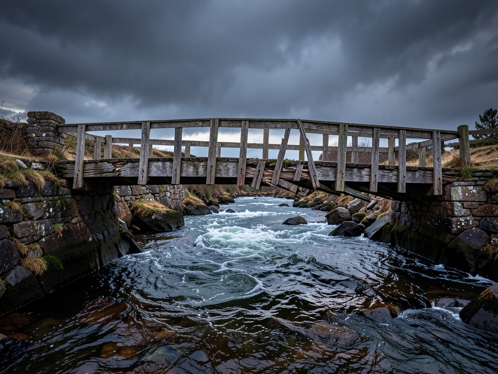 weathered wooden bridge spanning turbulent river twilight structure