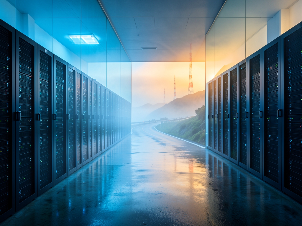 vast server room bathed cool blue light mist