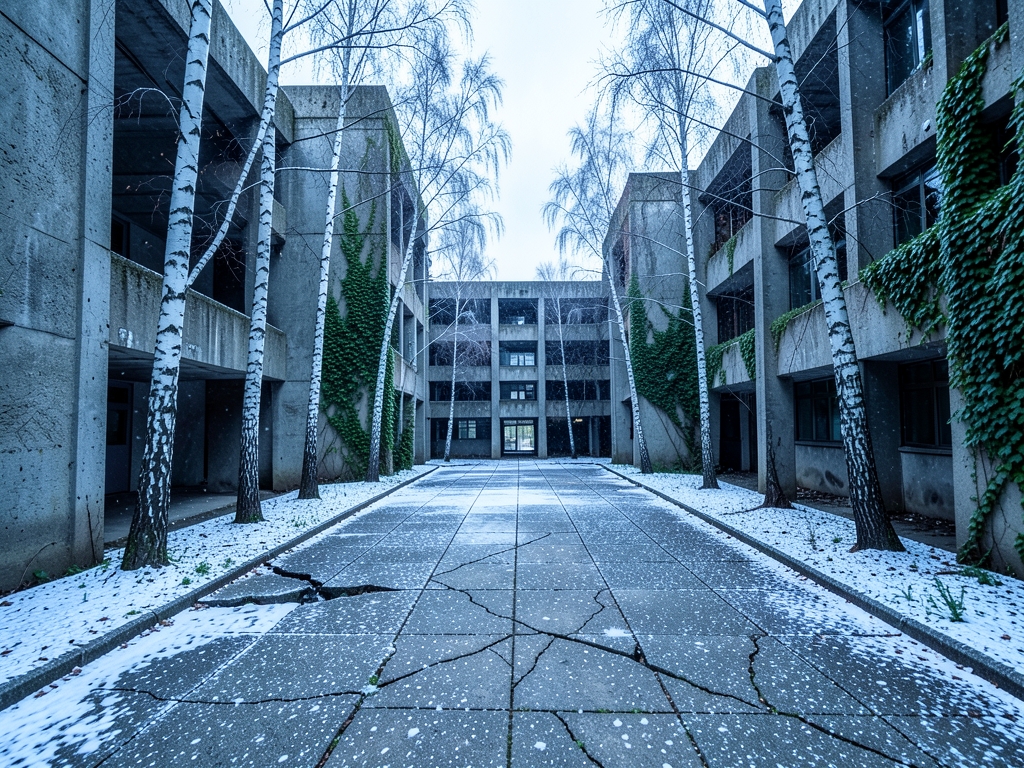abandoned brutalist data center courtyard overgrown with silver