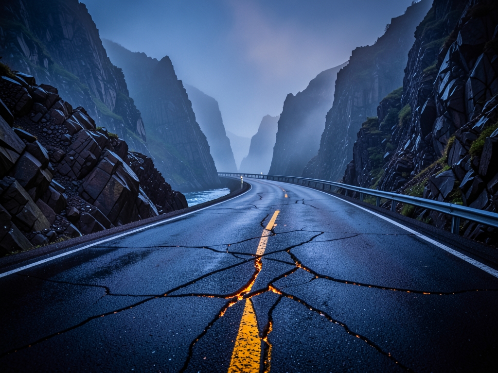 misty coastal highway winding through jagged basalt cliffs