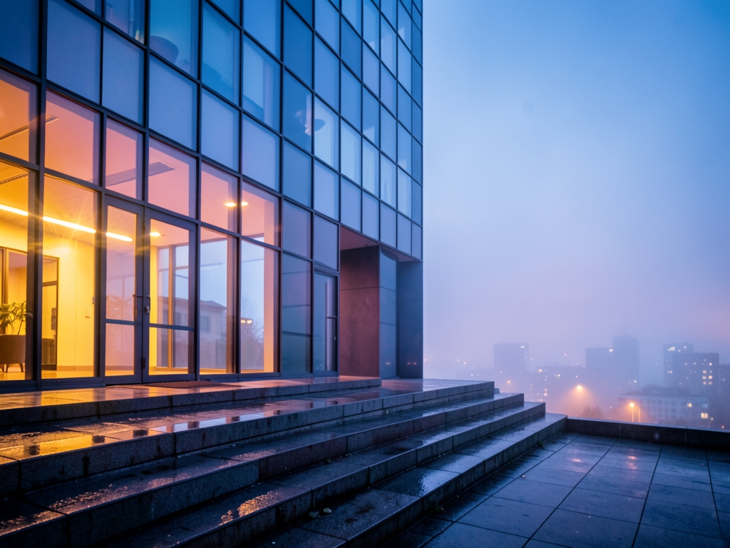 modern glass walled building dusk warm amber light spilling