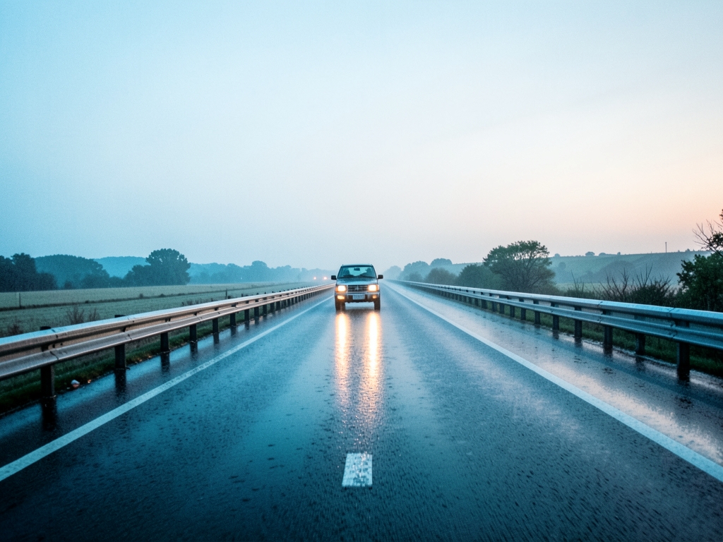 rain slicked highway vanishing into pale dawn asphalt glistening