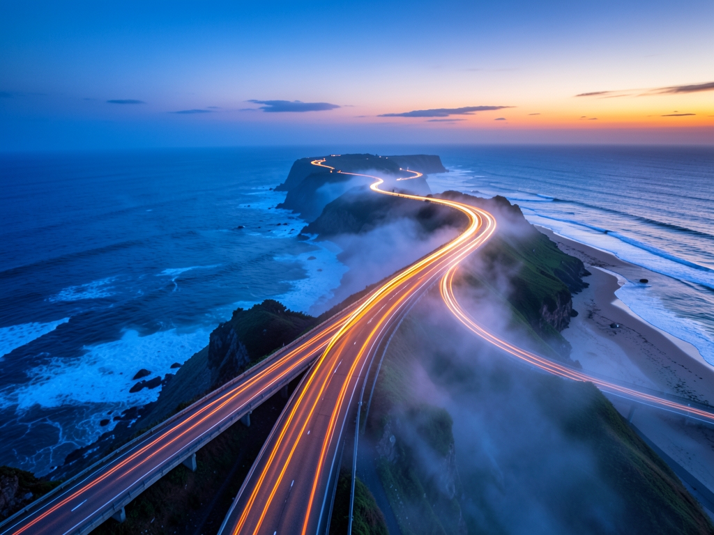 Twilight aerial view winding coastal highway where streaks