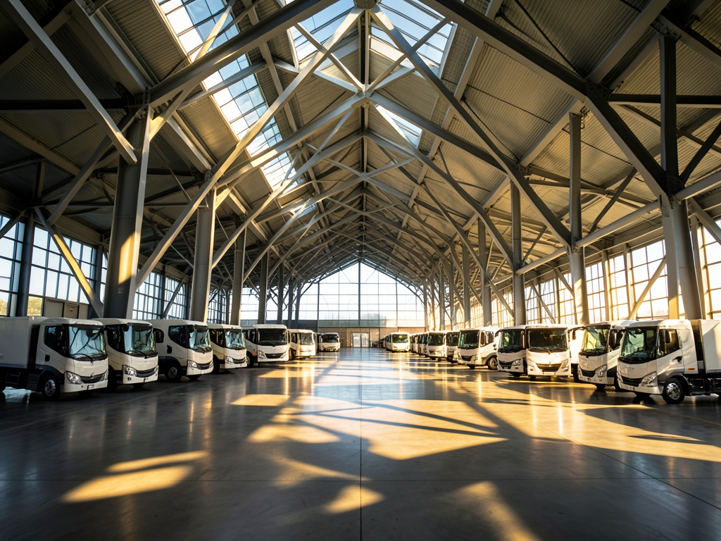 Sun drenched modern logistics interior with geometric steel beams