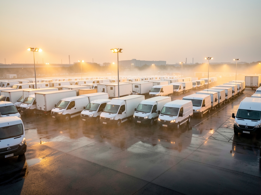 Rows white delivery vans parked orderly lines across