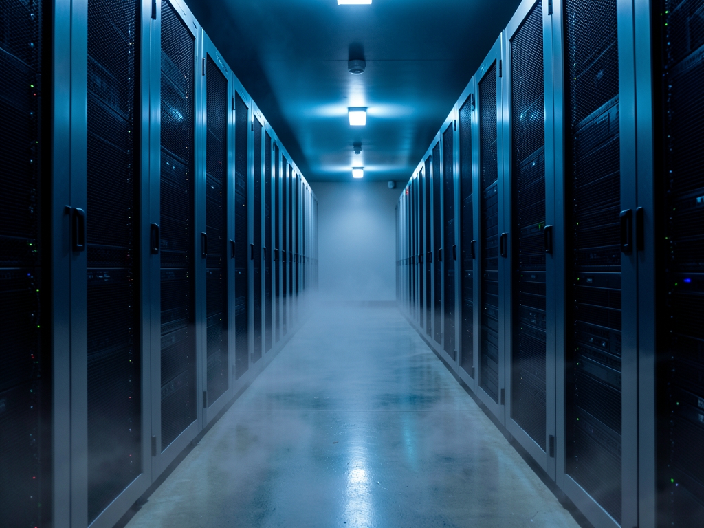 dimly server corridor stretching into vanishing point cool