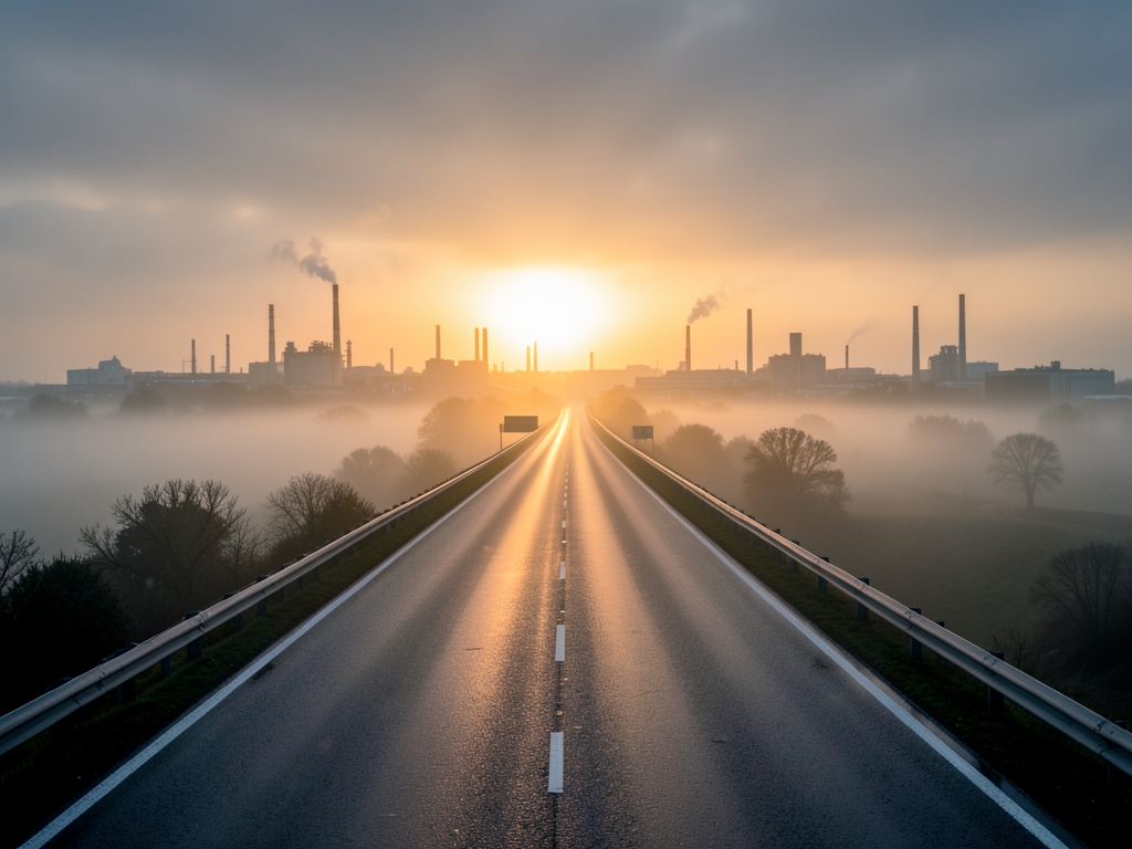 long highway cutting through layered dawn fog soft