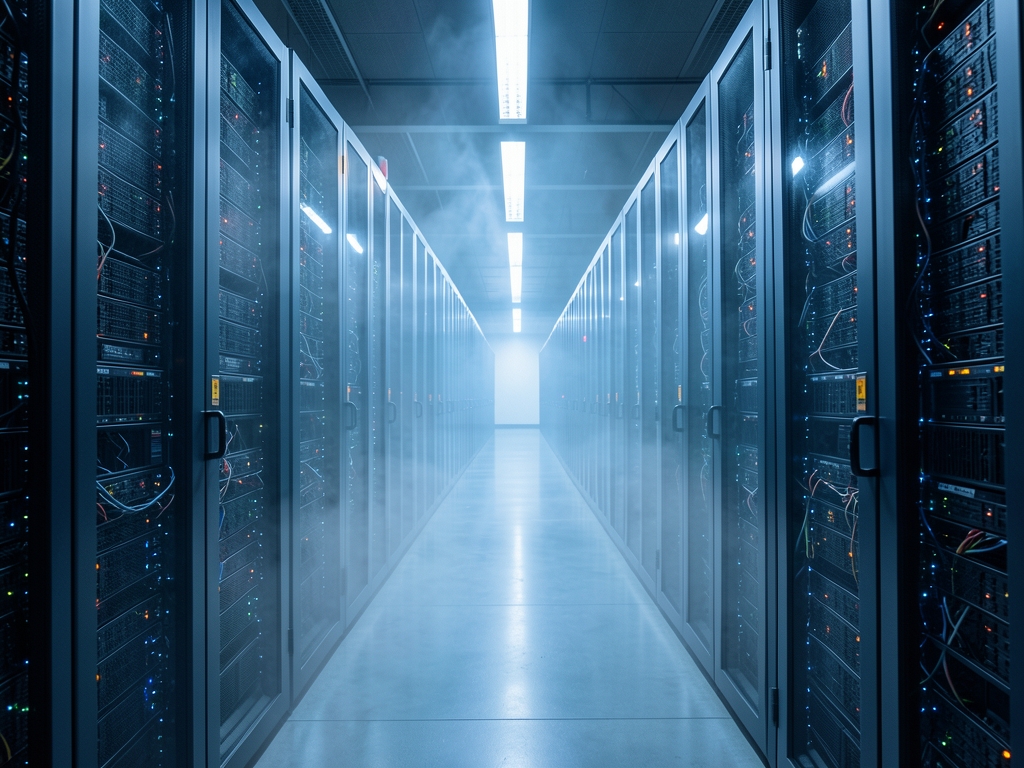 vast server hall with rows dark metal racks