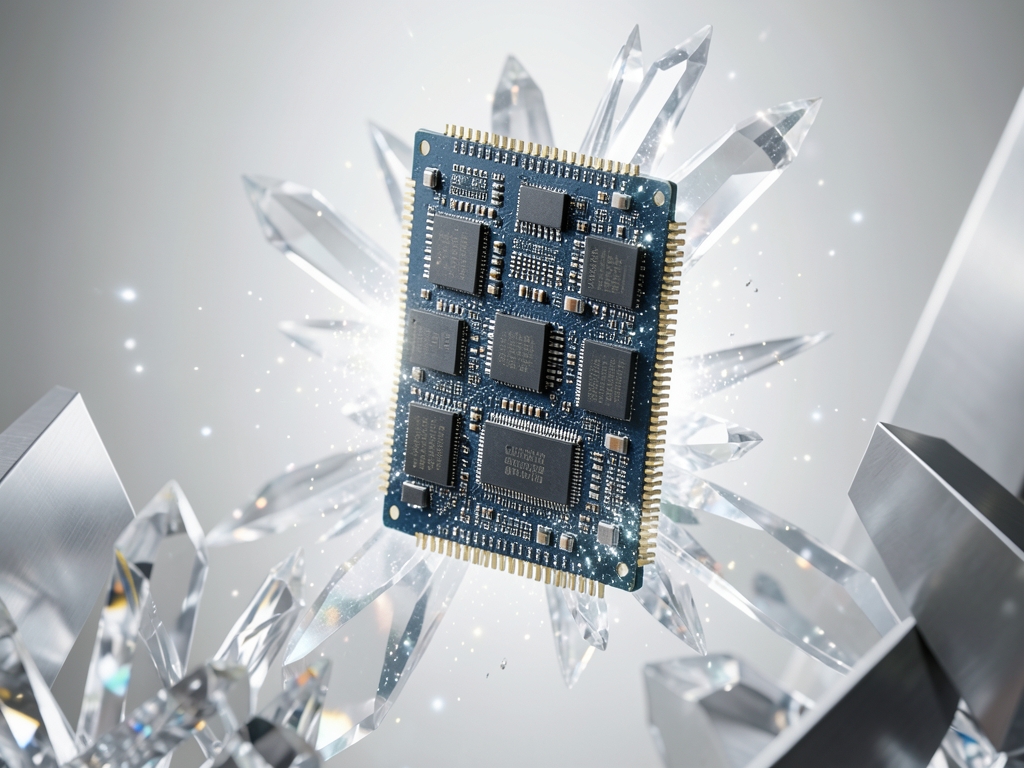 towering chip suspended soft white light surrounded crystalline