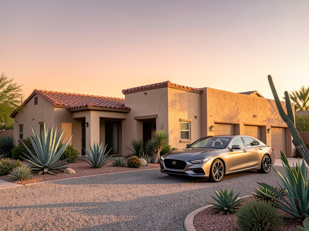 Suburban Arizona stucco home with desert garden gravel