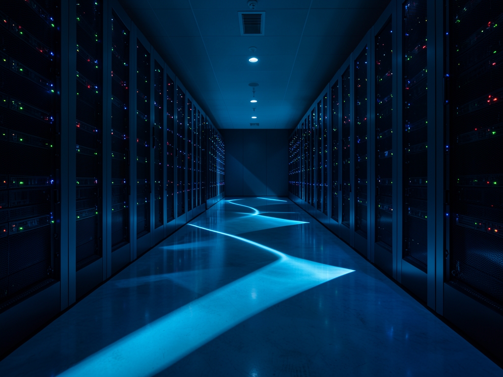 vast dimly server hall stretches into distance with