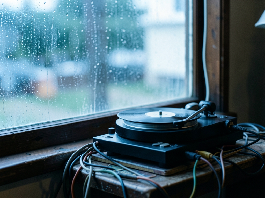 Quiet rain streaked window over vinyl turntable cable tangle