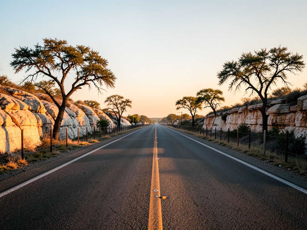 Open Texas highway golden hour long amber shadows