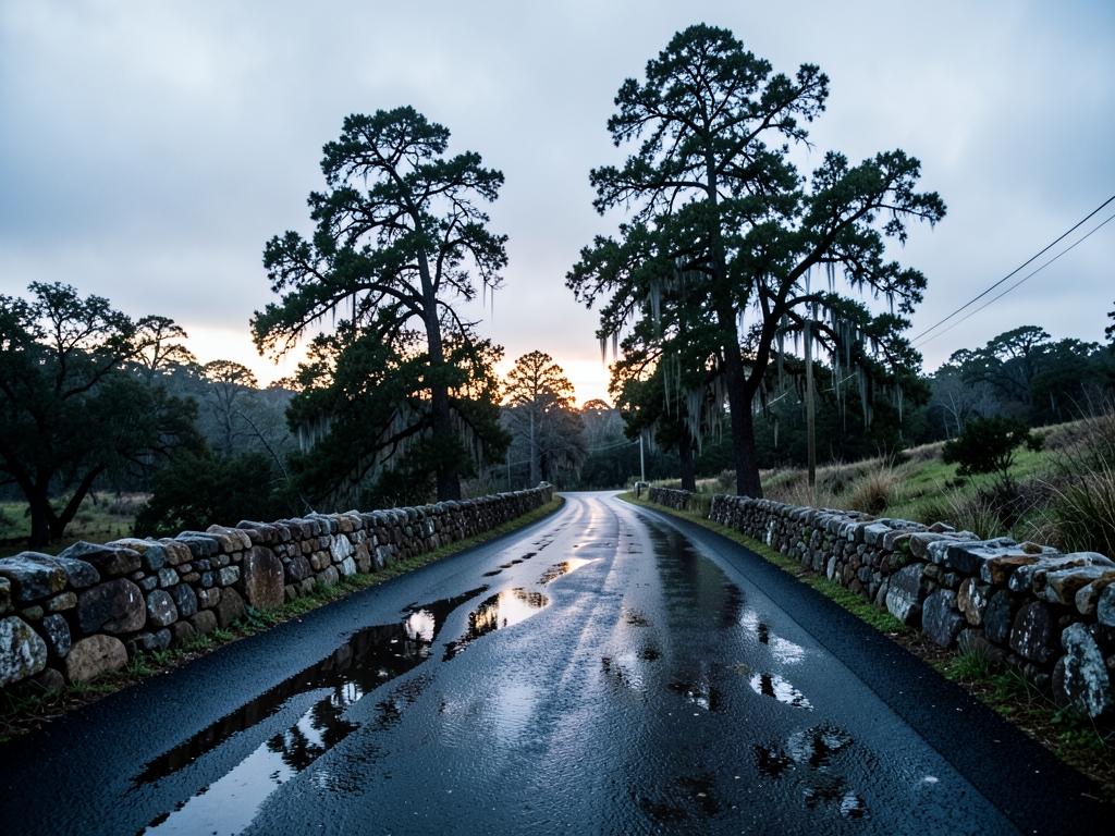 Rain washed Hill Country ranch road before dawn gray