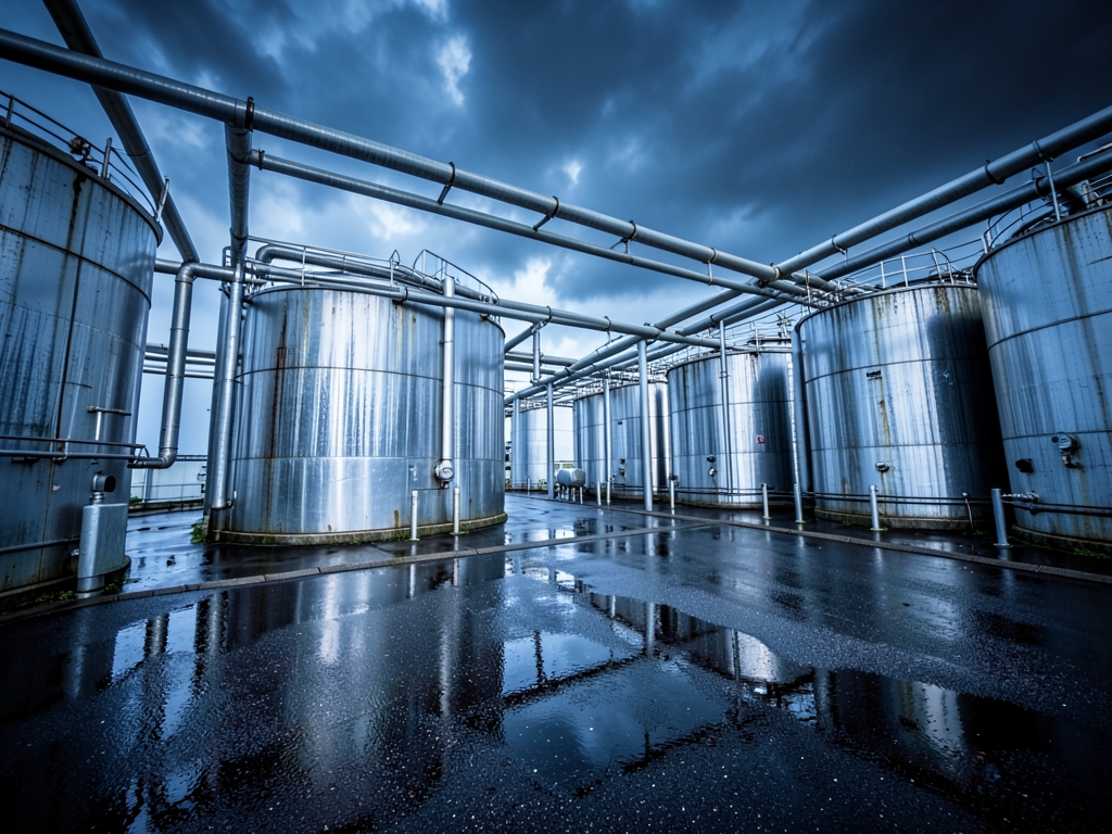 Gulf Coast fuel terminal under storm clouds rows