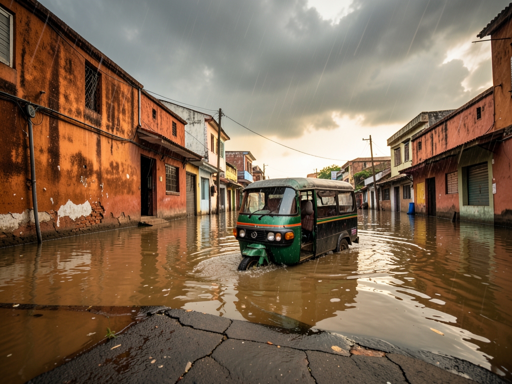 wide shot waterlogged Thane street with murky brown