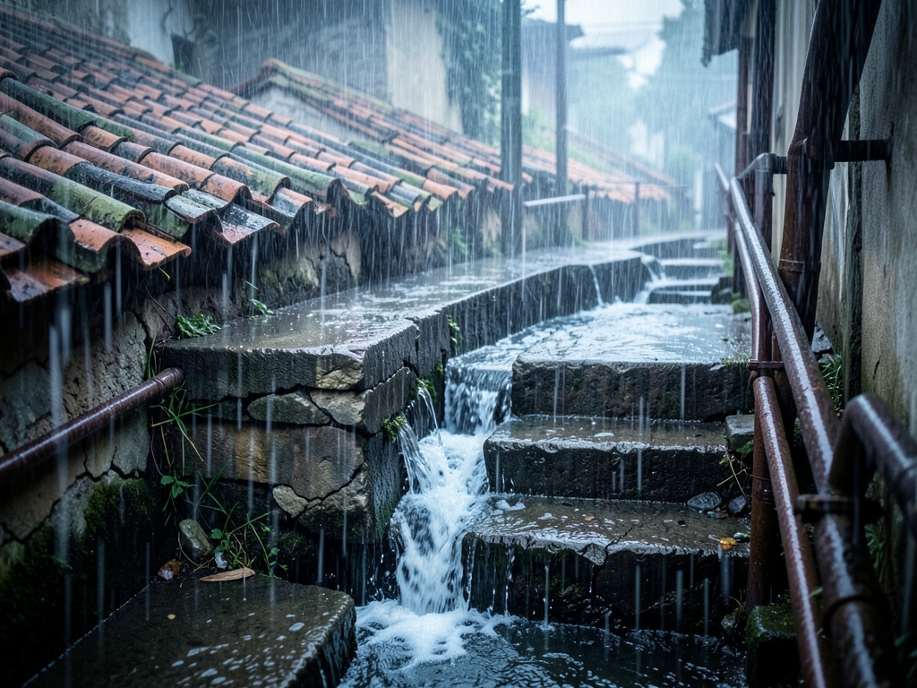 cracked concrete stormwater drain overflowing onto narrow lane