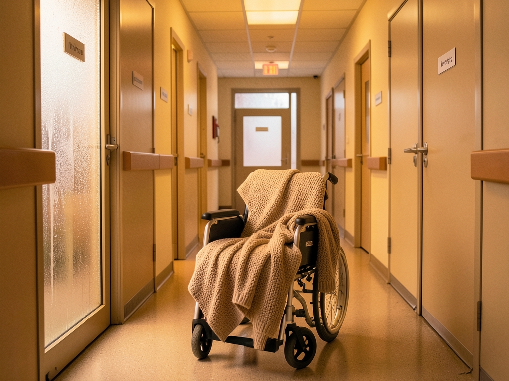cozy hospital maternity ward hallway late November warm