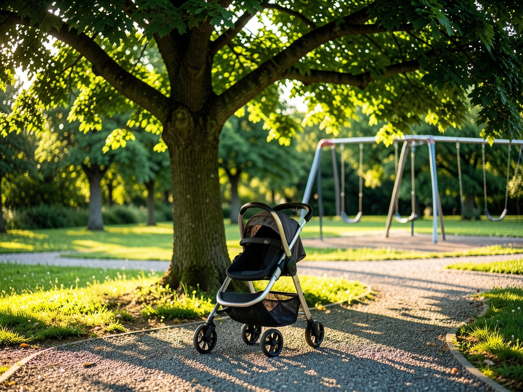 sunlit summer park late August empty stroller parked