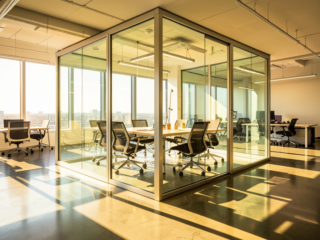 Sun drenched glass walled meeting with polished concrete floors brushed