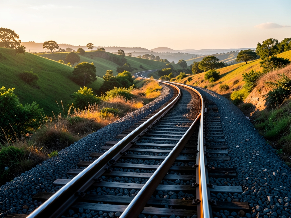 Sleek modern railway tracks curve through sun drenched landscape