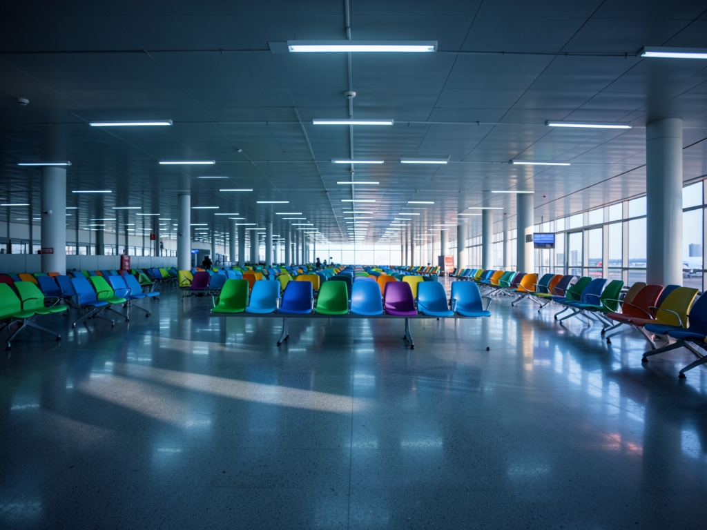 vast airport terminal dawn cold fluorescent light reflecting