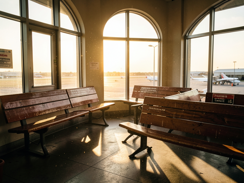 small regional airport waiting area warm golden morning