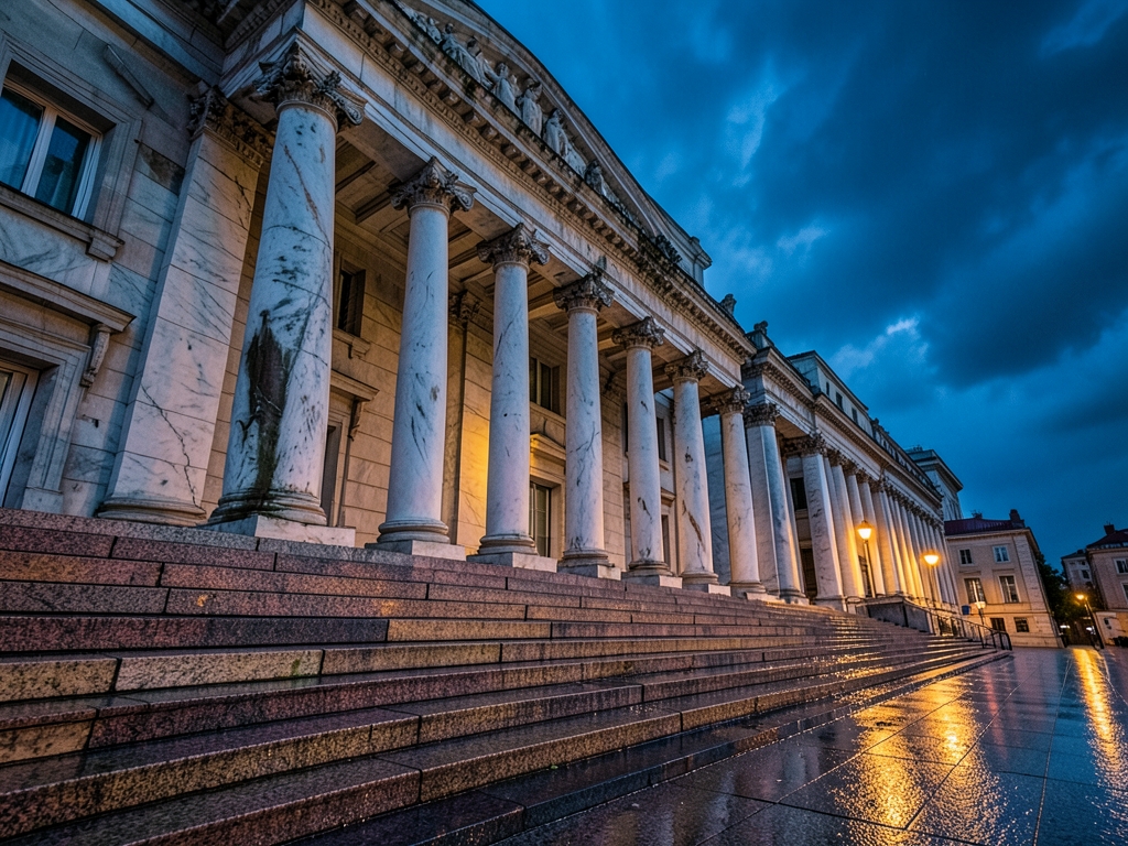 Rain slicked granite steps massive neoclassical bank building dusk