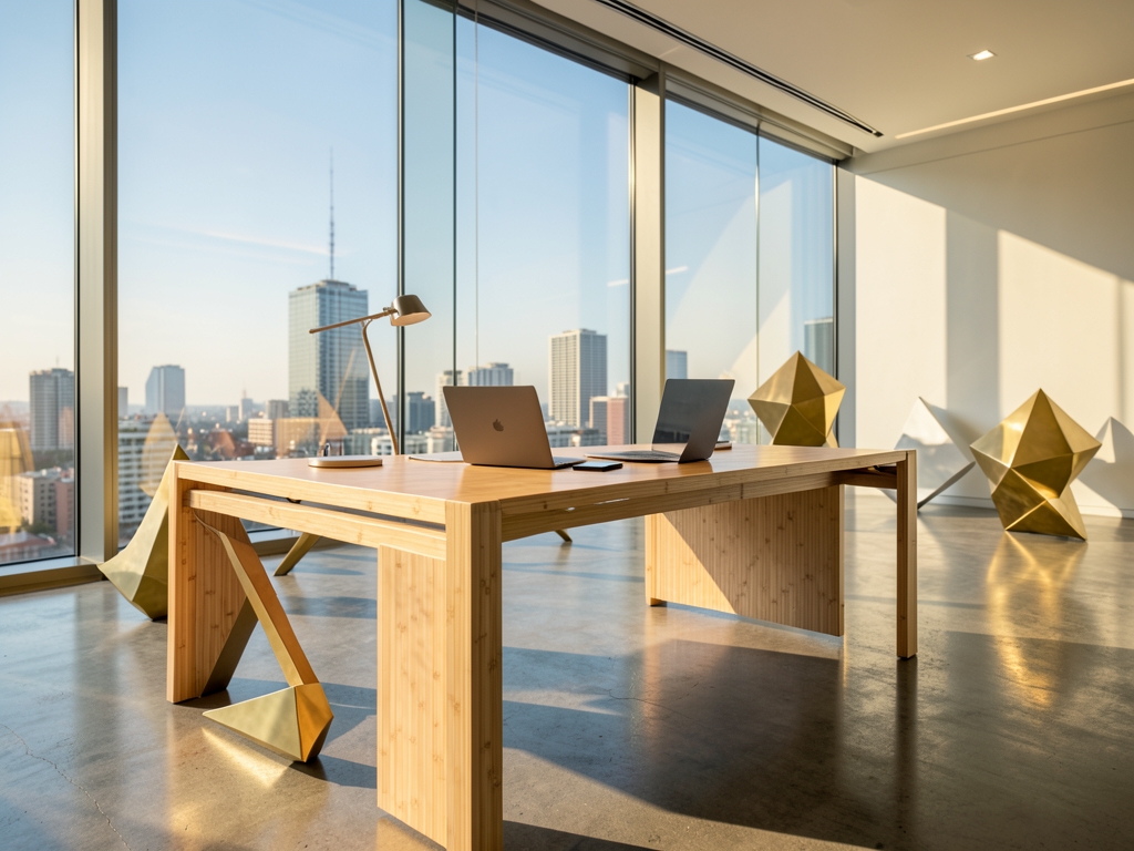 Sunlight streams through floor to ceiling glass walls into minimalist