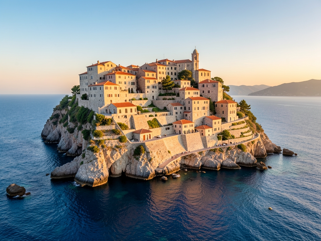 Golden hour light washes over pristine Mediterranean cliffside