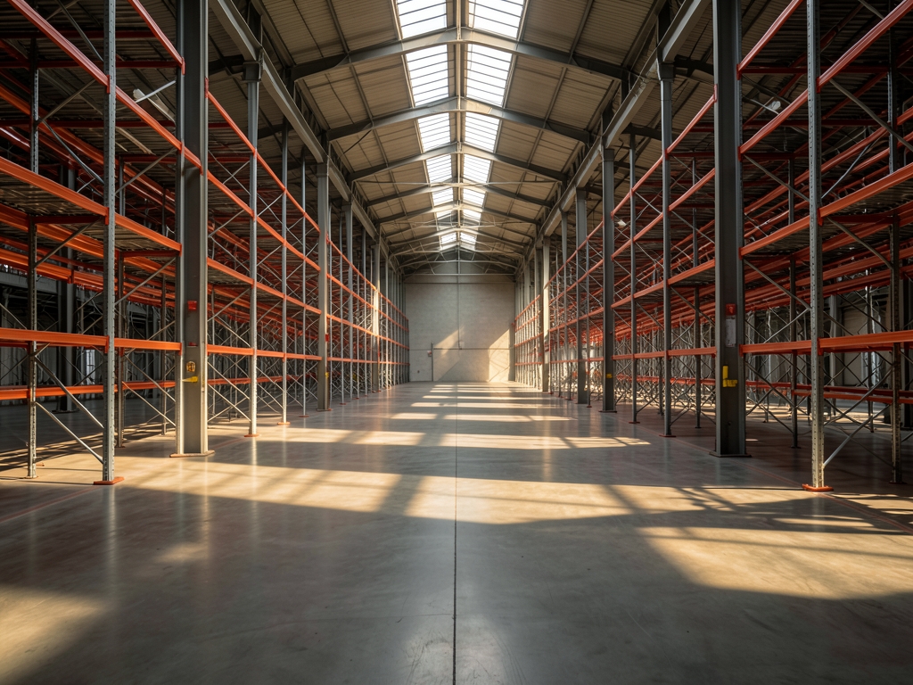 Sunlight streams through high warehouse clerestory windows onto