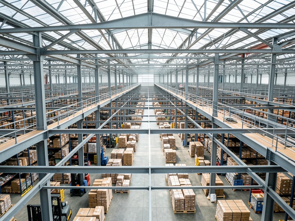 Aerial view vast distribution center interior where overhead