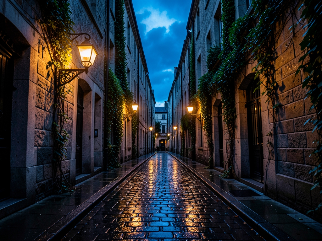 narrow rain soaked cobblestone alley dusk with amber lamps