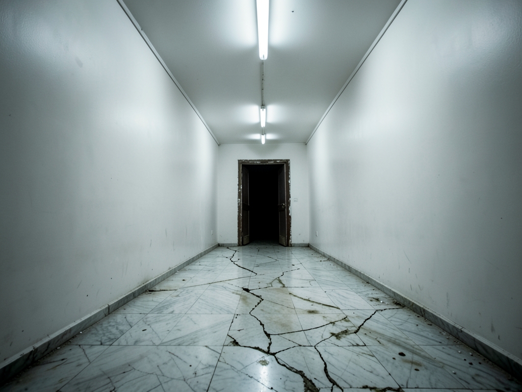long sterile corridor with pale fluorescent light cracked