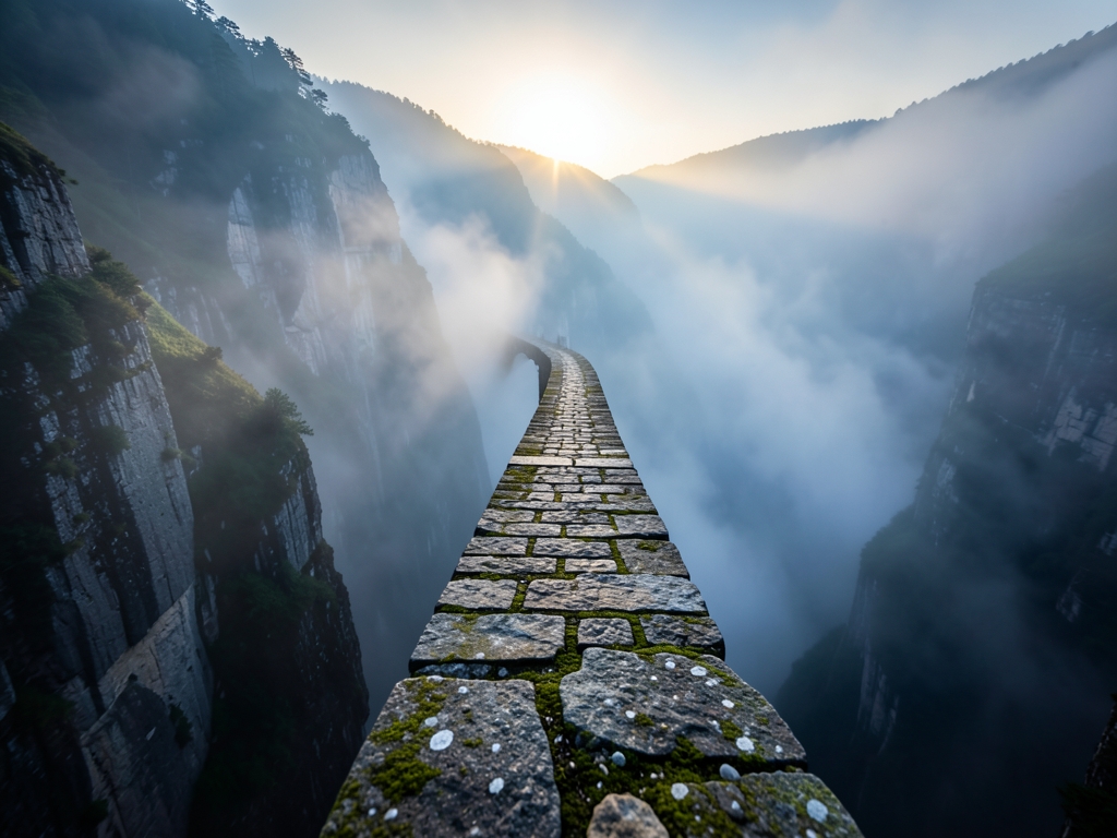 narrow stone bridge spanning deep misty canyon with