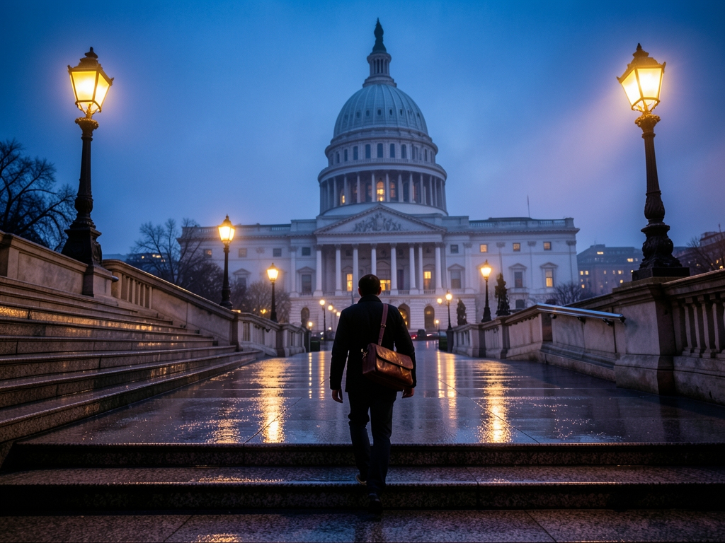 Rain slicked granite steps descend from vast domed capitol