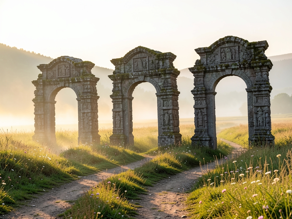 Three weathered stone gateways standing sequence along misty