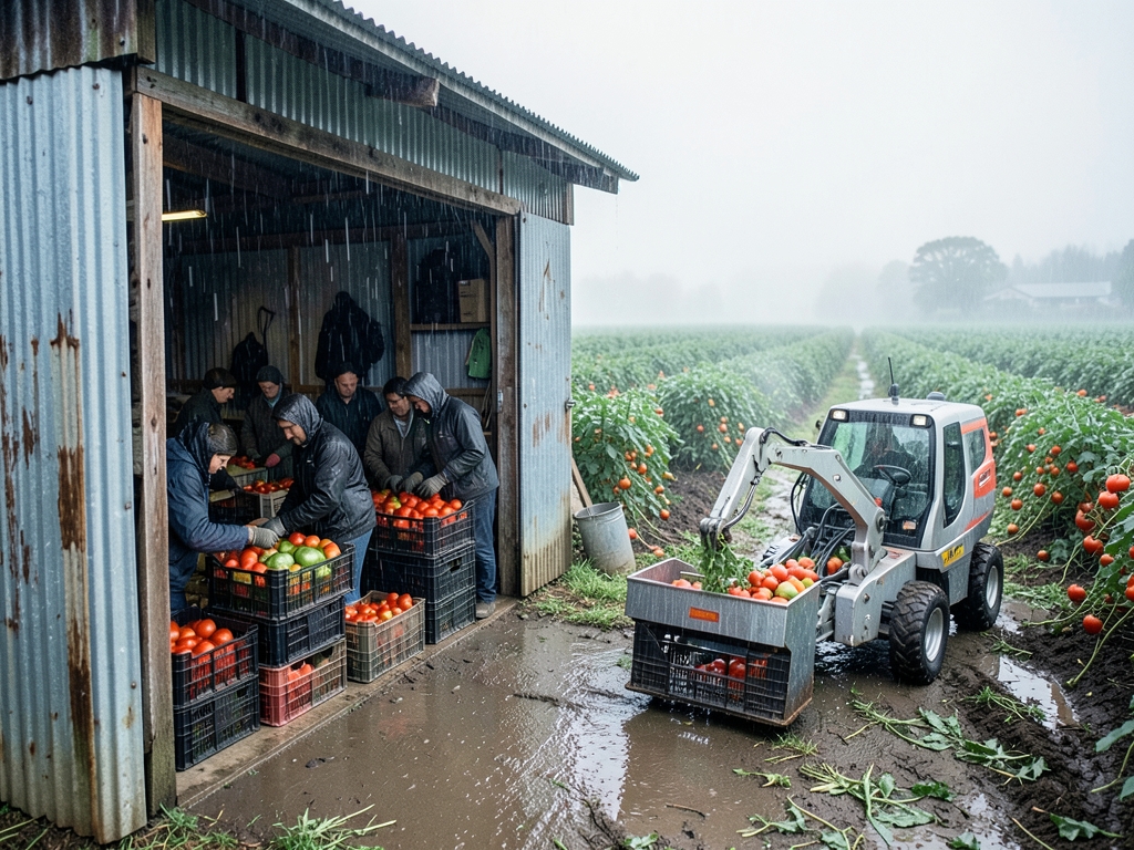 Rainy farm packing shed opening onto misty tomato