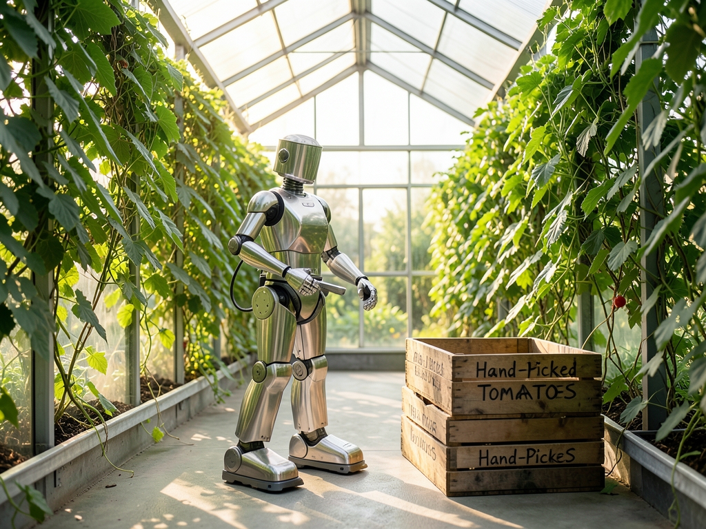 Sunlit greenhouse aisle with stainless steel tomato picking robot beside