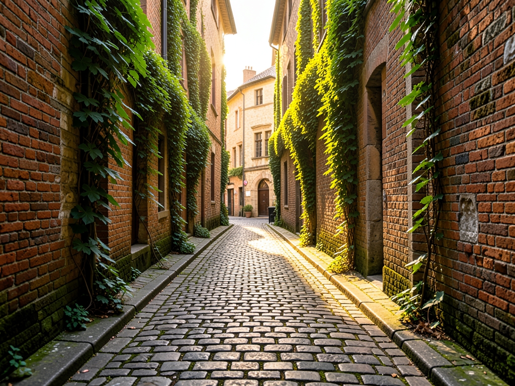 sunlit cobblestone alley historic European quarter warm afternoon
