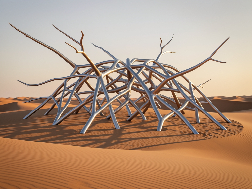 vast windswept desert plain dawn colossal skeletal lattice