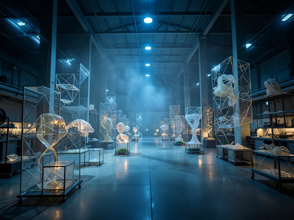 dim high ceilinged laboratory hall filled with maze translucent