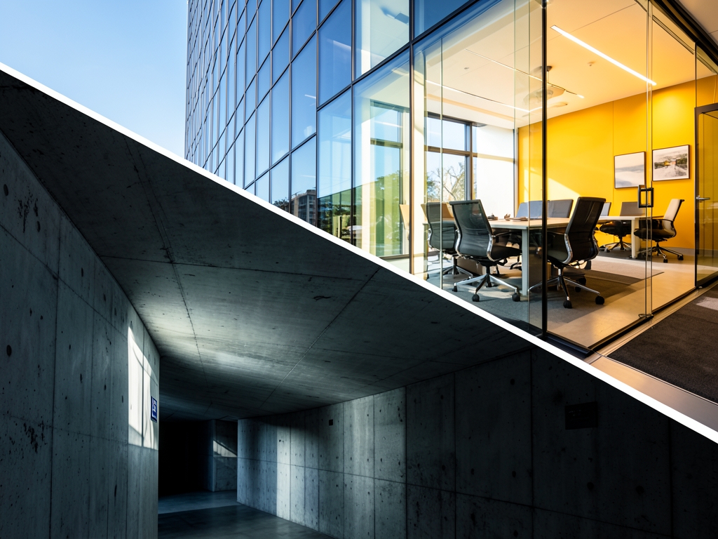 Modern office tower split between shadowed concrete vault
