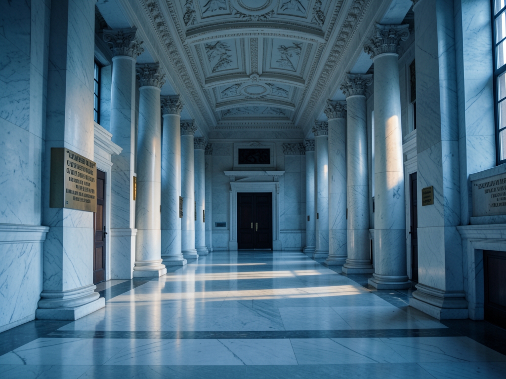 Empty neoclassical courthouse hall with marble columns cold