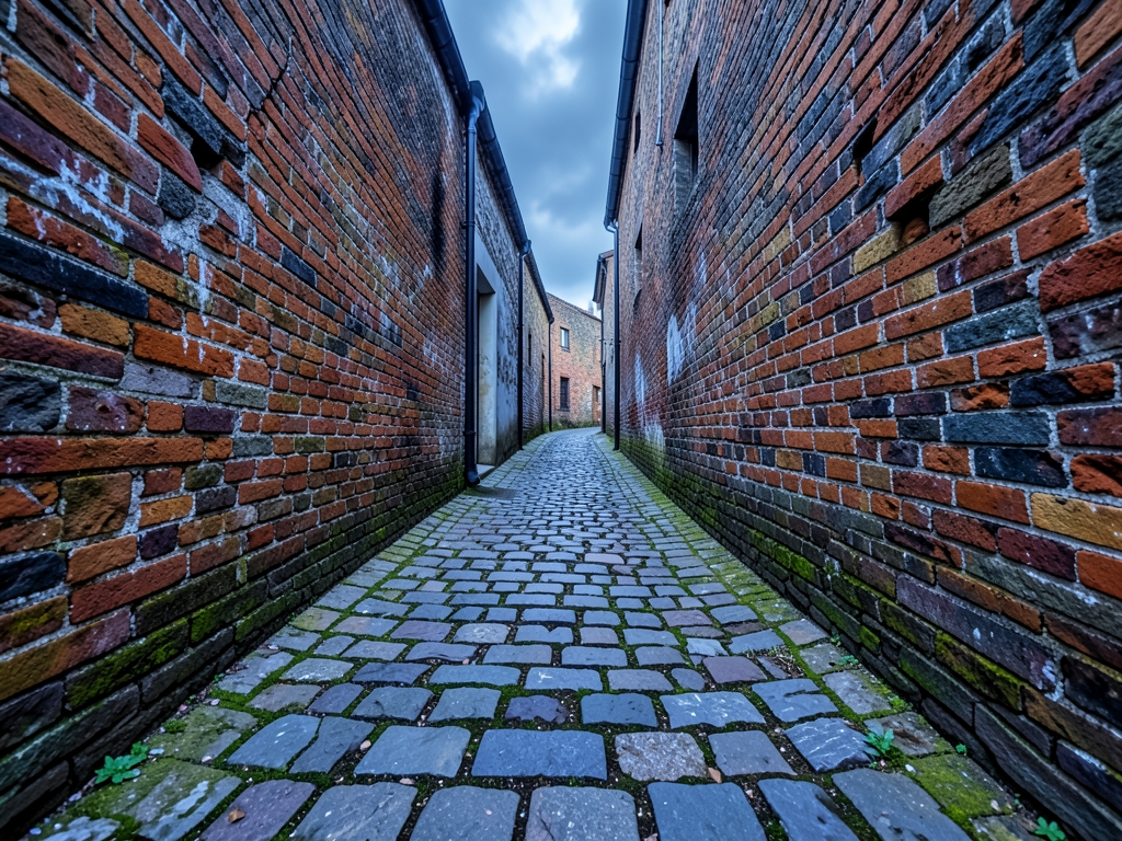 narrow winding alleyway paved with cracked cobblestones under