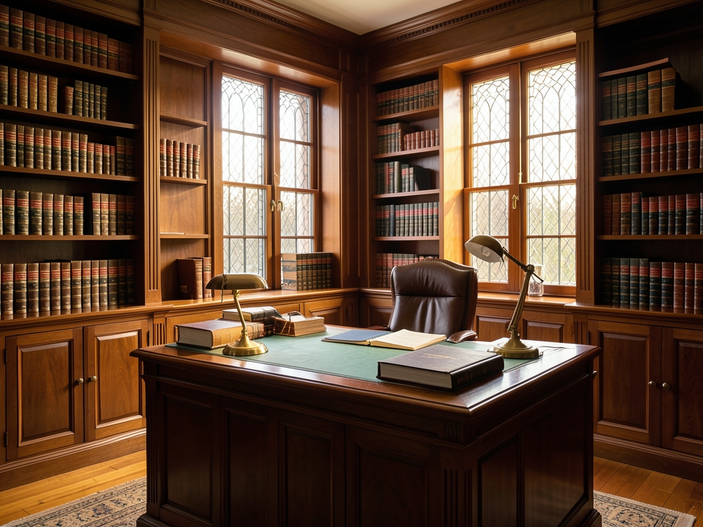 Warm wood paneled attorney office library with tall shelves