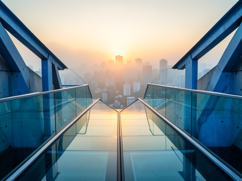 Sleek glass walkway splitting toward misty sunrise city