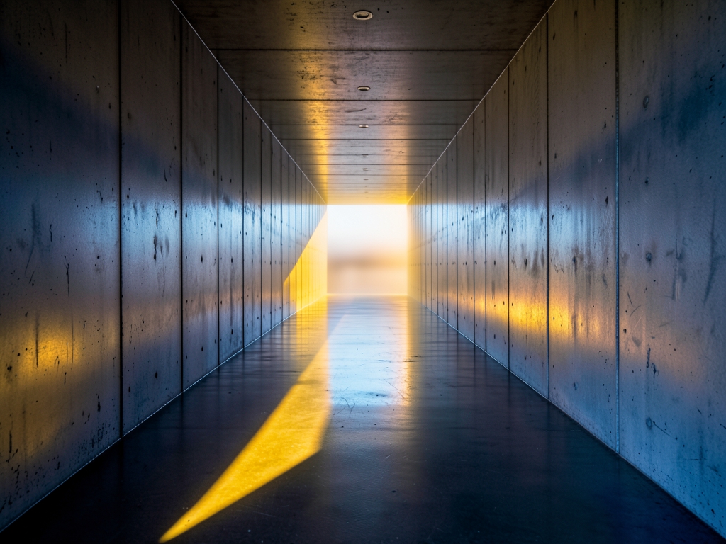 long empty corridor concrete brushed steel single beam