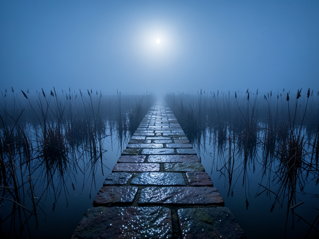 vast fog drenched marshland dusk single sturdy stone causeway