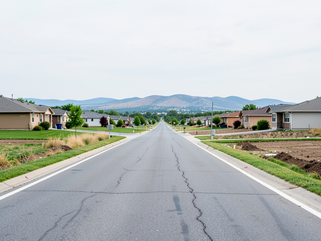 Wide suburban arterial road lined with detached homes